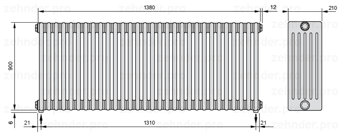 Схема (чертеж) Радиатор Zehnder Charleston 6090/30 №5310 Белый глянцевый RAL 9016